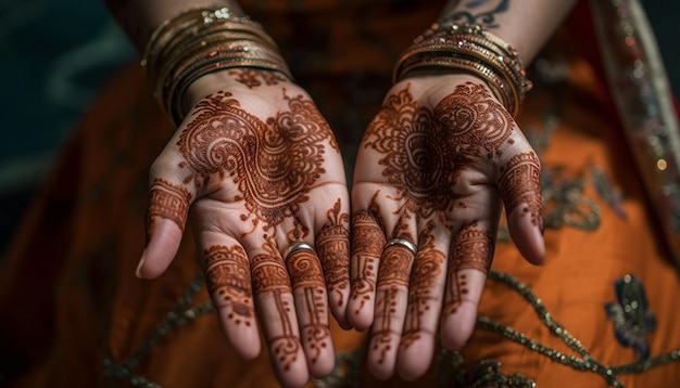 Elegant henna tattoo decorates bride hand generated by AI