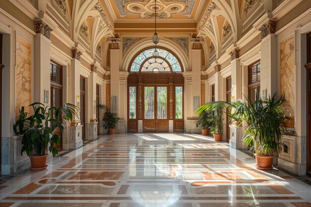 Photo elegant historical building interior with grand arched windows and sunlit marble floor surrounded