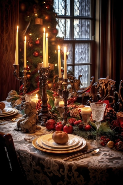 Elegant holiday table setting with candles and decorations created with generative ai