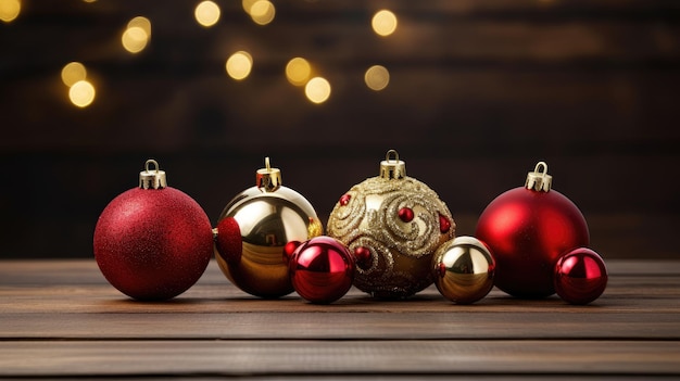 Elegant holiday traditions Vintage red and gold Christmas decorations create a festive atmosphere on a dark wood tabletop capturing the essence of the season