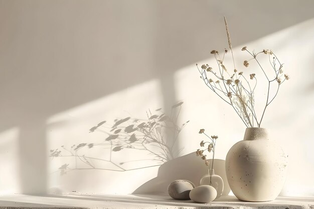 写真 エレガントな家庭装飾 ベージュ花瓶 乾燥した花 岩のガラスの花瓶 白い壁のコンセプト 家庭装飾 ベジュー花瓶 干燥した花 ロックグラス花瓶 白の壁
