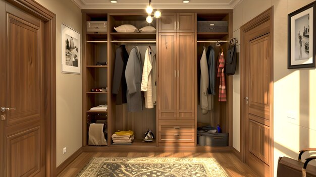 Элегантный дизайн интерьера дома с открытым деревянным гардеробом Стильная организация Современная деталь спальни, созданная ИИ