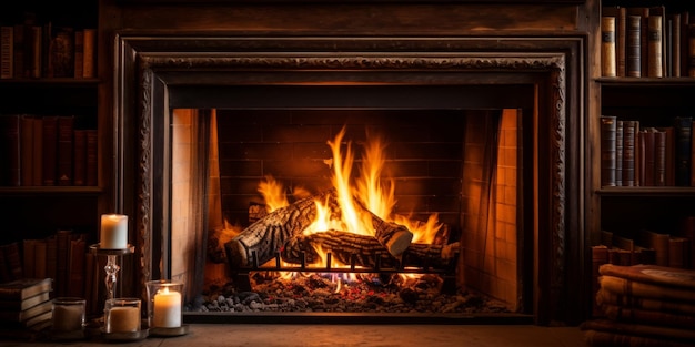 写真 エレガントな家内装 暖炉 ろうそく アンティークの本 暖炉とヴィンテージ