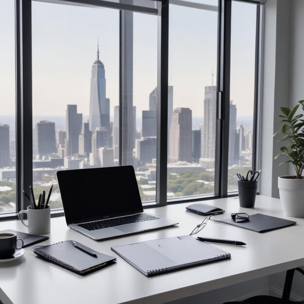 Photo elegant home office desk setup for productivity and modern work environment