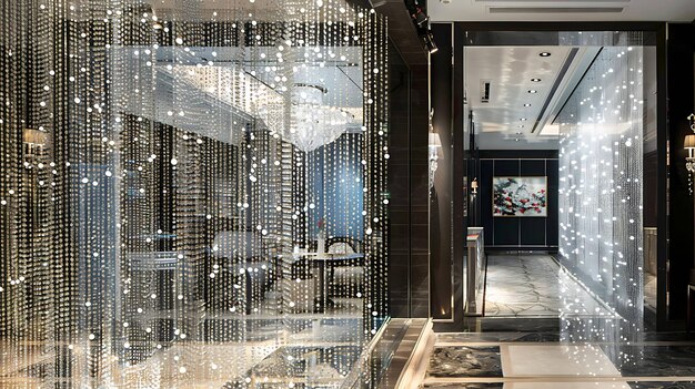 Elegant hotel entrance with glass walls and crystal chandeliers