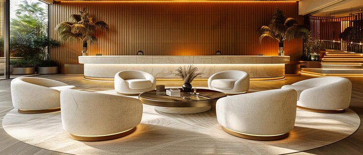 Photo elegant hotel lobby with modern furniture and stylish decor luxury interior design comfortable and welcoming atmosphere