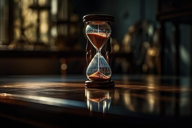 An elegant hourglass on a glossy table with a reflective surface Countdown Generative AI