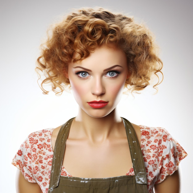 Elegant Housewife Young Woman with Red Hair and Apron in Floral Pattern