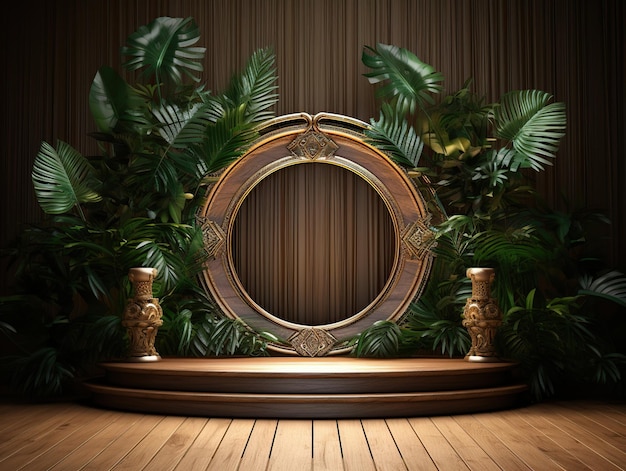 elegant houten podium omgeven door exotische bladeren met interessante looks