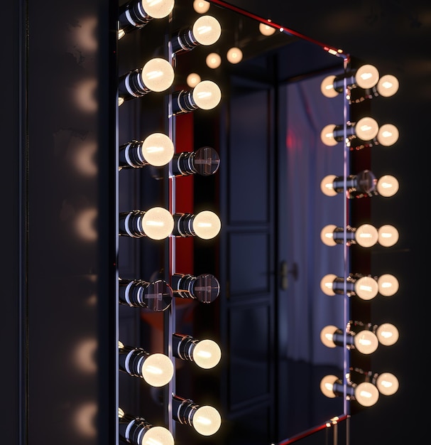 Elegant illuminated cosmetic mirror with bench in modern dark room