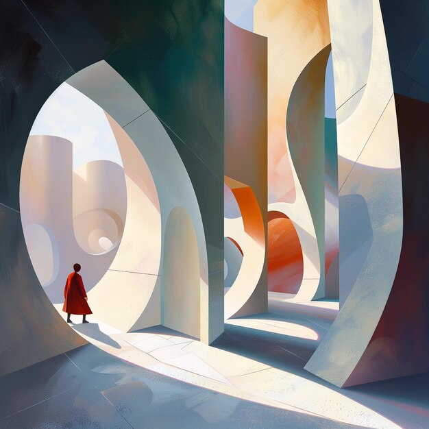 Photo elegant illustration of a lone figure in a geometric future building structure abstract surreal