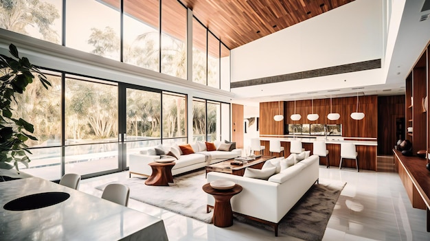 An elegant image of a modern villa39s interior highlighting its spacious openconcept design and seamless connection to nature