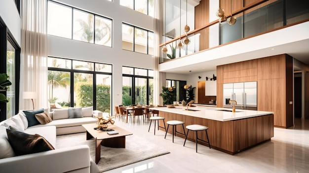 An elegant image of a modern villa39s interior highlighting its spacious openconcept design and seamless connection to nature