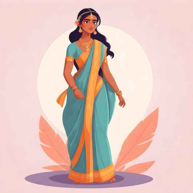 Elegant Indian Woman Adorned in Traditional Saree Clip Art