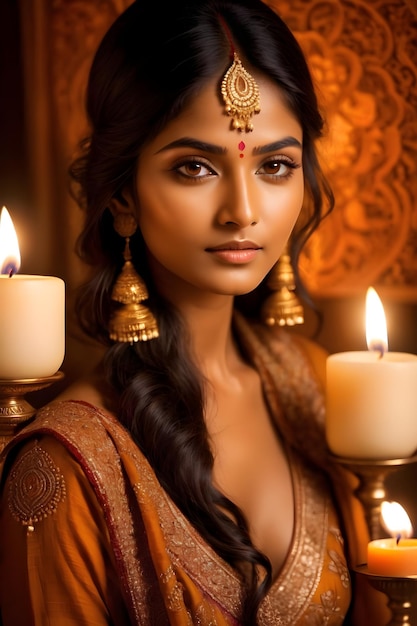 Фото Элегантная индийская женщина в традиционном платье с праздничными свечами