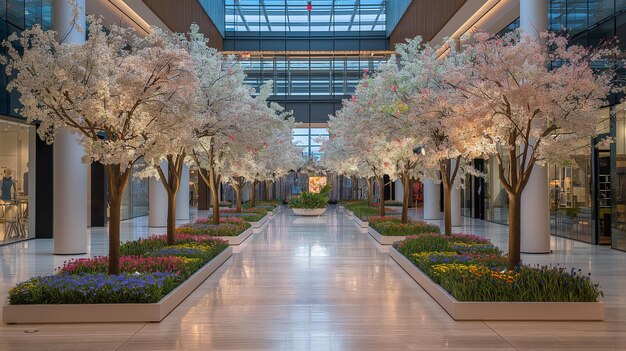 Elegant Indoor Blossom Trees in Modern Mall Generative Ai