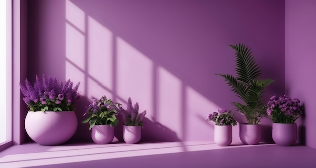 紫色 の 花 と 緑 の 植物 を 植え た 優雅 な 室内 庭園