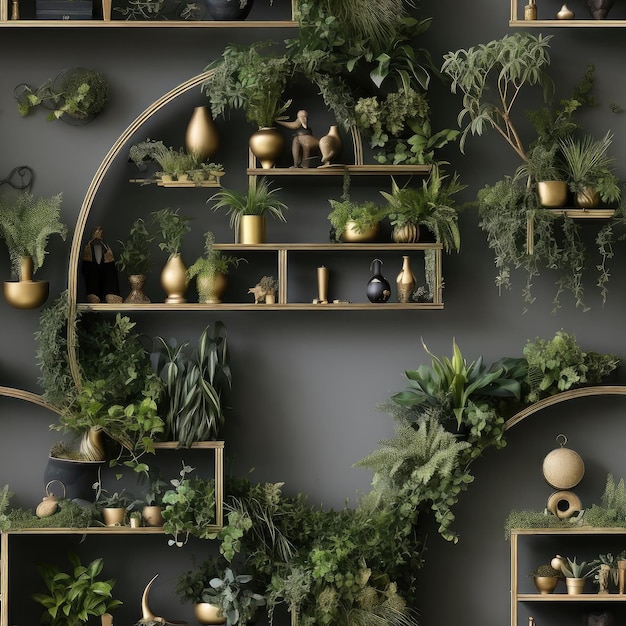 Photo elegant indoor green wall with golden shelves and plants tiled