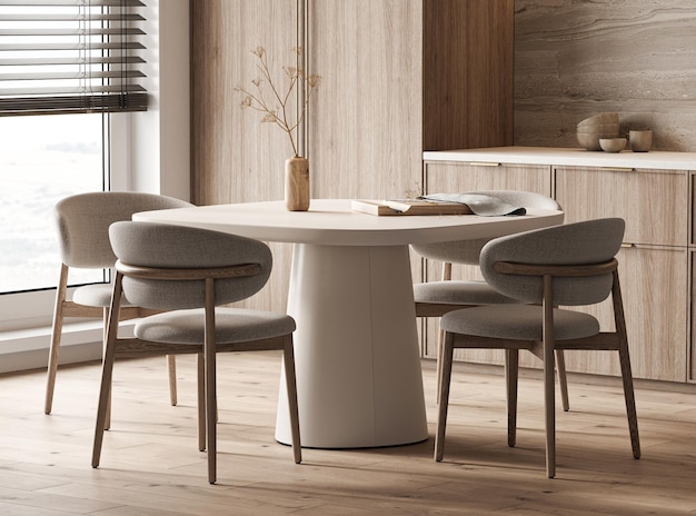 Elegant interieurontwerp van de keuken met beige tonen en houten accenten in moderne minimalistische stijl