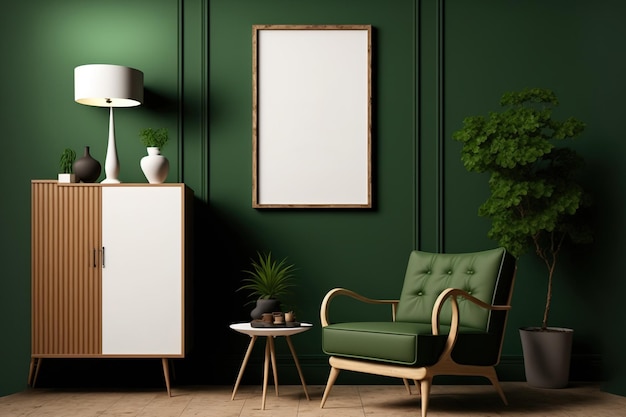 Elegant interieurontwerp voor een woonkamer met een nep-aanplakbord een eigentijdse frotte-fauteuil een houten commode en modieuze accenten een groene muur Sjabloon Kopieer ruimte