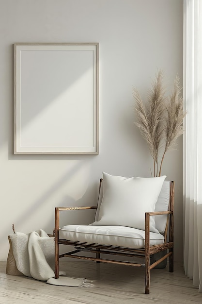 Elegant Interior Decor with Wooden Armchair Framed Blank Canvas and Pampas Grass in a WellLit Room
