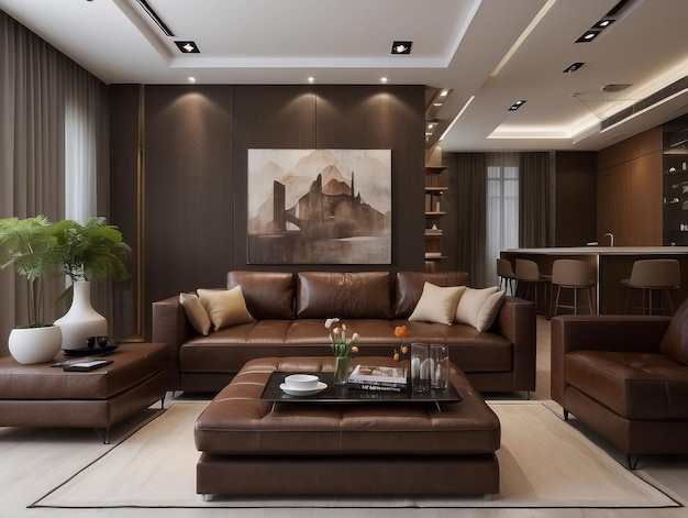 Elegant interior design of modern living room with brown leather sofa