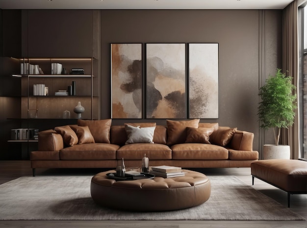 Elegant interior design of modern living room with brown leather sofa