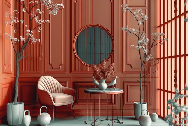 elegant interior with coral and mint accents featuring chic furniture and decorative elements ideal for modern home decor inspiration and luxury lifestyle conceptsxa