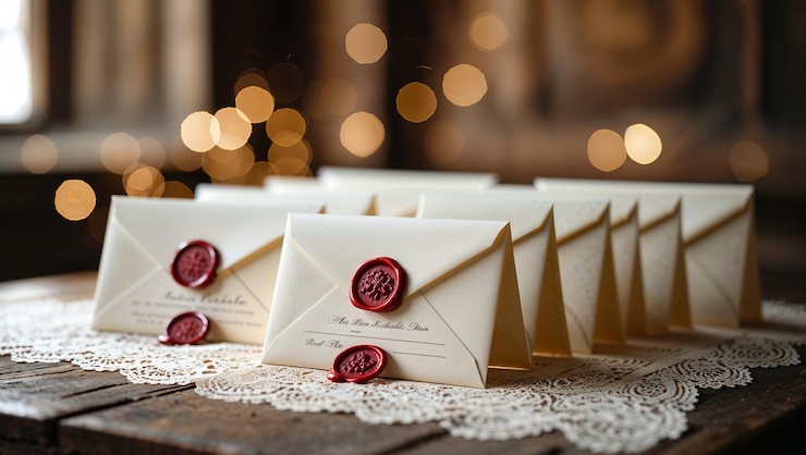 Photo elegant invitation envelopes with wax seals displayed on a rustic wooden table in warm ambient lighting