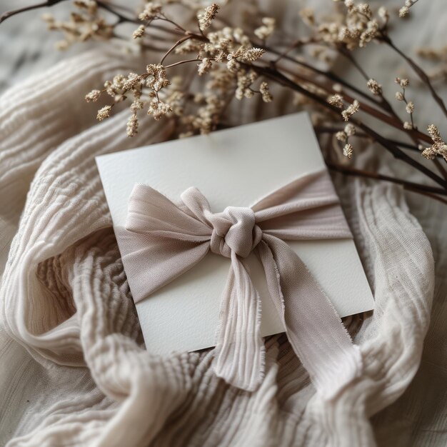 Photo elegant invitation or greeting card flat lay minimalist neutral tones decorative flowers