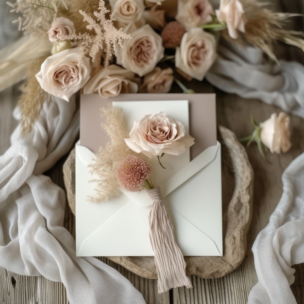 Foto invitazione elegante o biglietto di auguri a piatto minimale toni neutri fiori decorativi