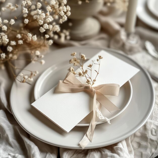 Foto invitazione elegante o biglietto di auguri a piatto minimale toni neutri fiori decorativi