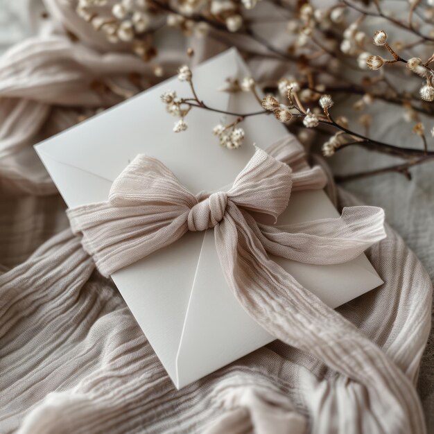 Foto invitazione elegante o biglietto di auguri a piatto minimale toni neutri fiori decorativi