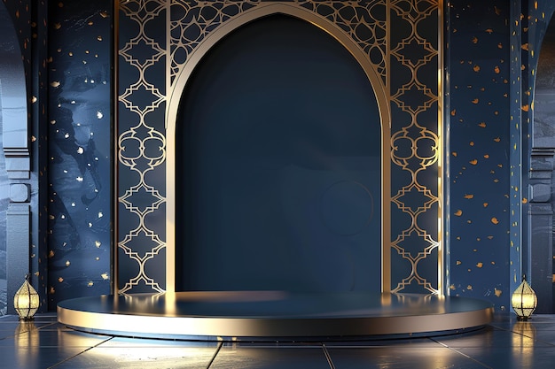 Elegant Islamic arch design with a podium for display and a lantern