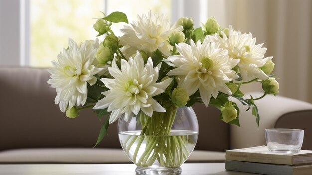 Elegant Ivory Dahlias In Glass Vase Stunning Floral Arrangement