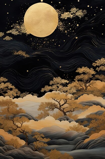 Elegant Japan Landscape Illustration Gold and Black Oriental Art