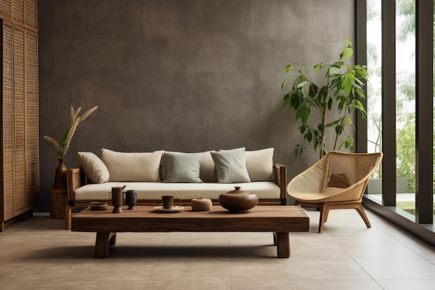 Элегантная гостиная Japandi с стеной естественного цвета и выбором темной деревянной мебели