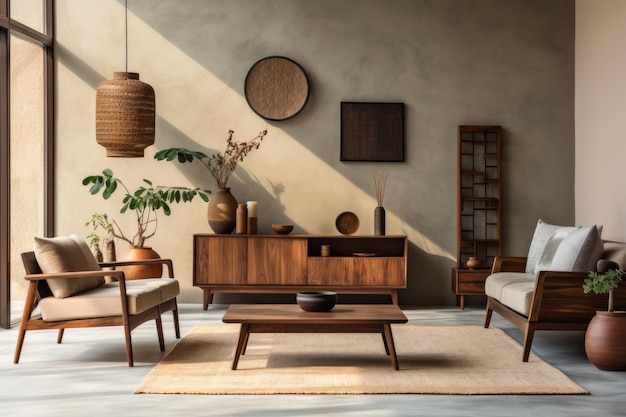 Элегантная гостиная Japandi с стеной естественного цвета и выбором темной деревянной мебели
