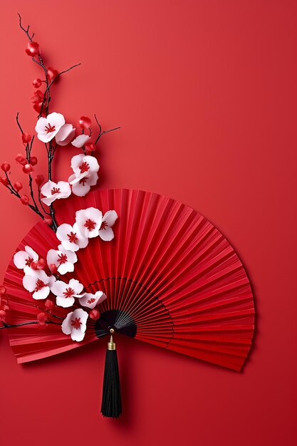 Foto elegante fan giapponese celebra la bellezza con motivi floreali tradizionali generati dall'ai