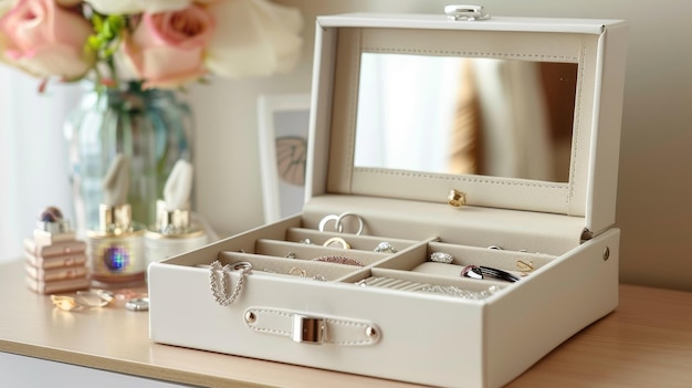 Elegant jewelry and beauty accessory organizer box with mirror and space for rings and bracelets