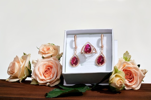 Elegant jewelry set Jewellery set with gemstones Product still life concept Ring necklace and earrings