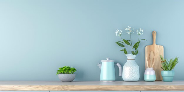 Elegant kitchen interiors in pastel blue tones with a modern minimalist style Interiors composition