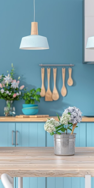 Elegant kitchen interiors in pastel blue tones with a modern minimalist style Interiors composition
