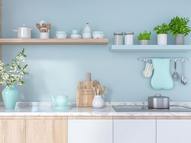 Elegant kitchen interiors in pastel blue tones with a modern minimalist style Interiors composition