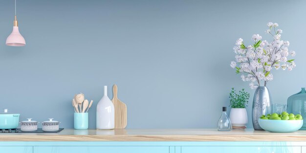 Elegant kitchen interiors in pastel blue tones with a modern minimalist style Interiors composition