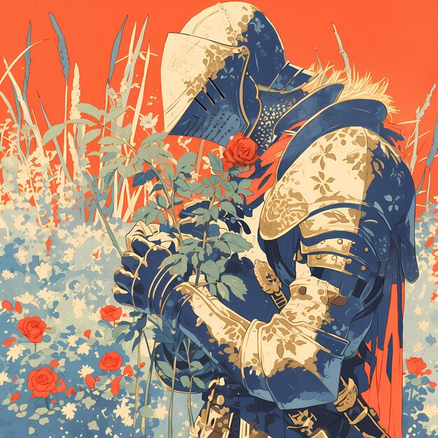 Photo elegant knight with roses artistic illustration