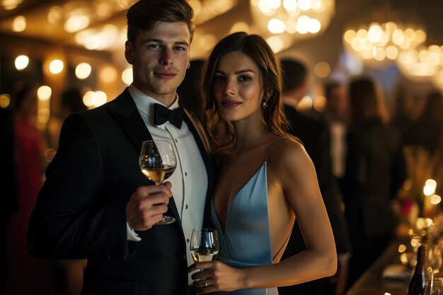 Elegant koppel in formele kleding met champagne poserend voor de camera tijdens een gala-evenement Valentijnsdag
