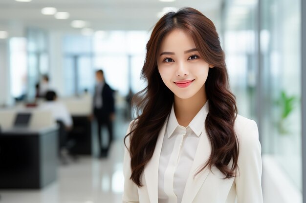 Elegant korean woman on a light background in the business center
