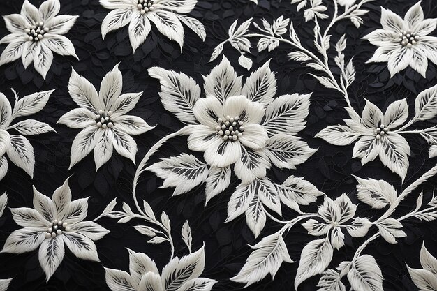 Elegant Lace Affair Zwarte bladeren borduurwerk op witte mesh textuur