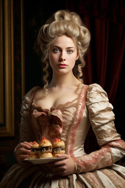Фото Элегантная дама классической эпохи с десертом в руке в стиле портрета 18-го века